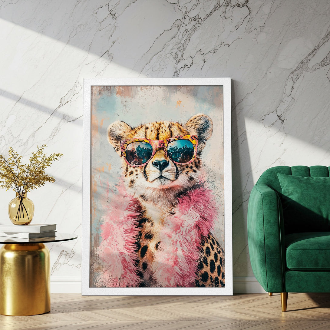 Framed Poster of a stylish cheetah wearing sunglasses and a pink boa. Modern art with a pastel color palette.