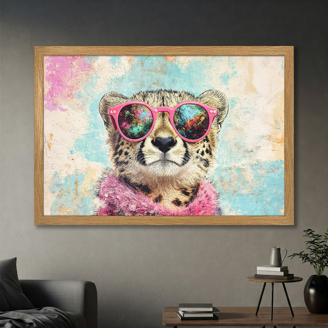 Framed Poster featuring a cheetah wearing pink sunglasses, artistic style, pastel color palette. Add a touch of fun to your space!