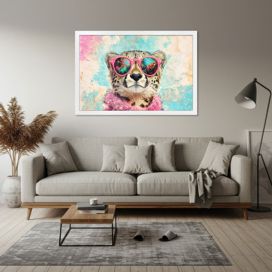 Framed Poster featuring a cheetah in sunglasses, pop art style. Pink, blue, and gold color palette, perfect for modern decor.