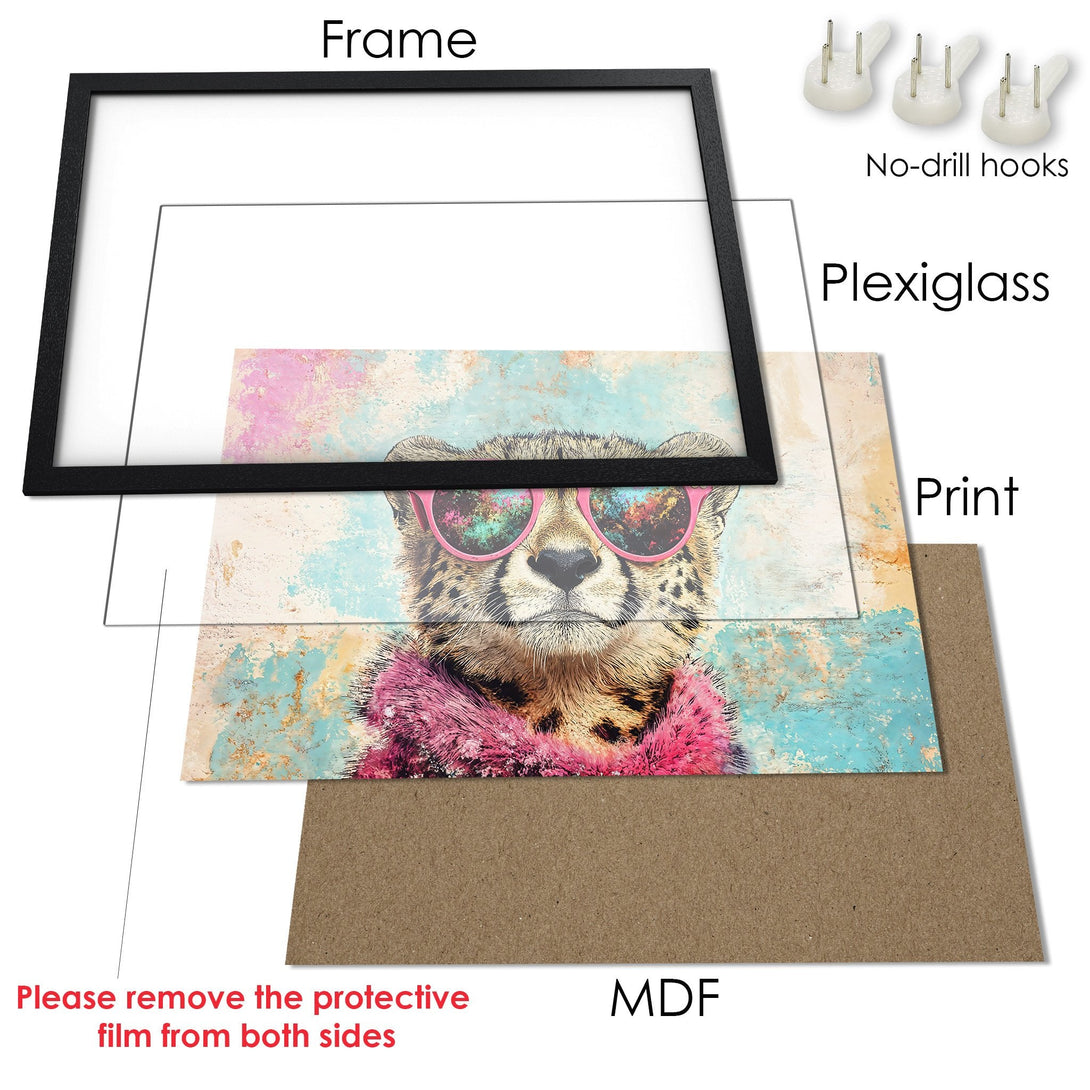 Framed Poster featuring a stylish cheetah wearing sunglasses, vibrant pink and blue color palette, perfect wall art!