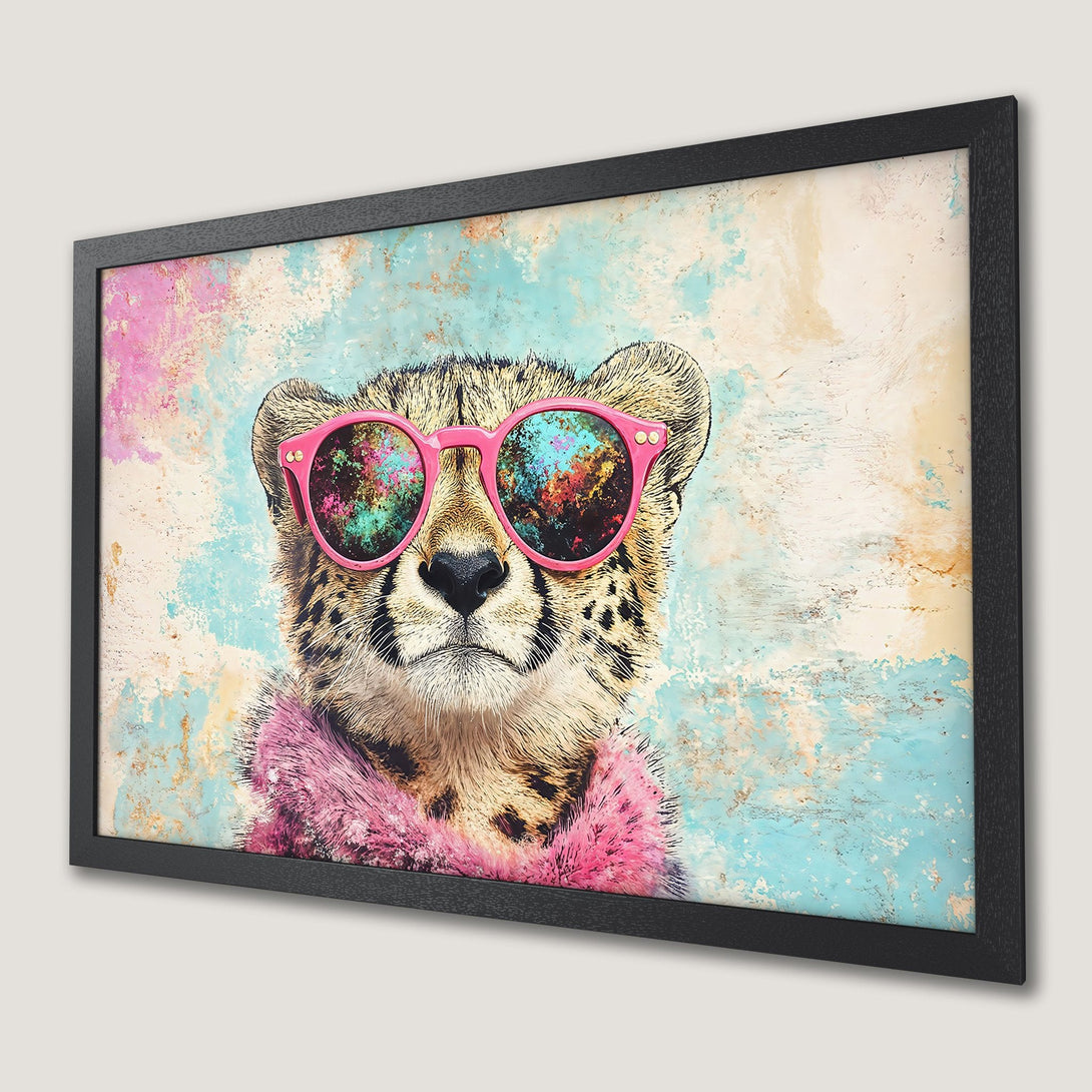 Framed Poster: Cool cheetah art with pink sunglasses, vibrant colors, and a playful style. Perfect wall decor!