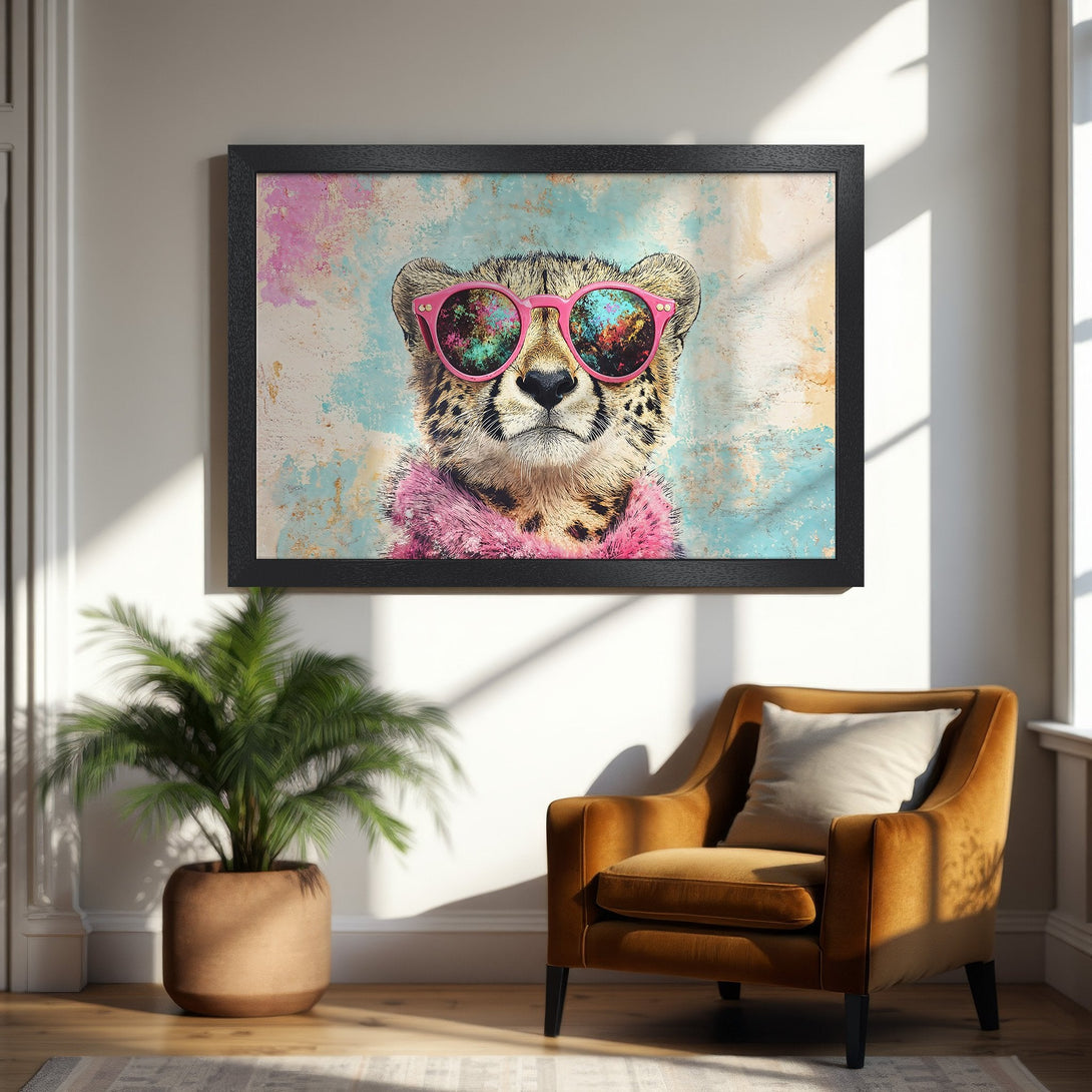 Framed Poster featuring a stylish cheetah with pink sunglasses, set against a colorful abstract background. Perfect wall art!