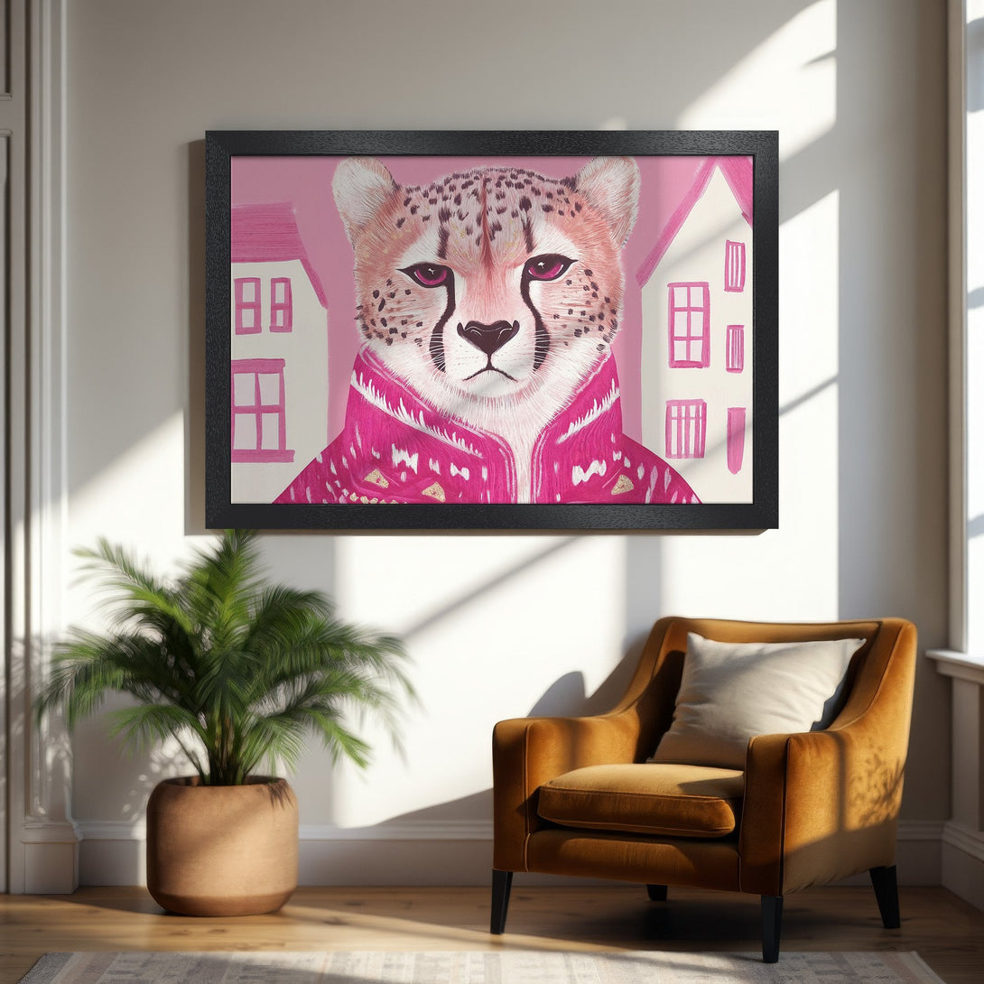 Framed Poster featuring a stylish cheetah portrait in pink hues. Modern art print perfect for home decor.