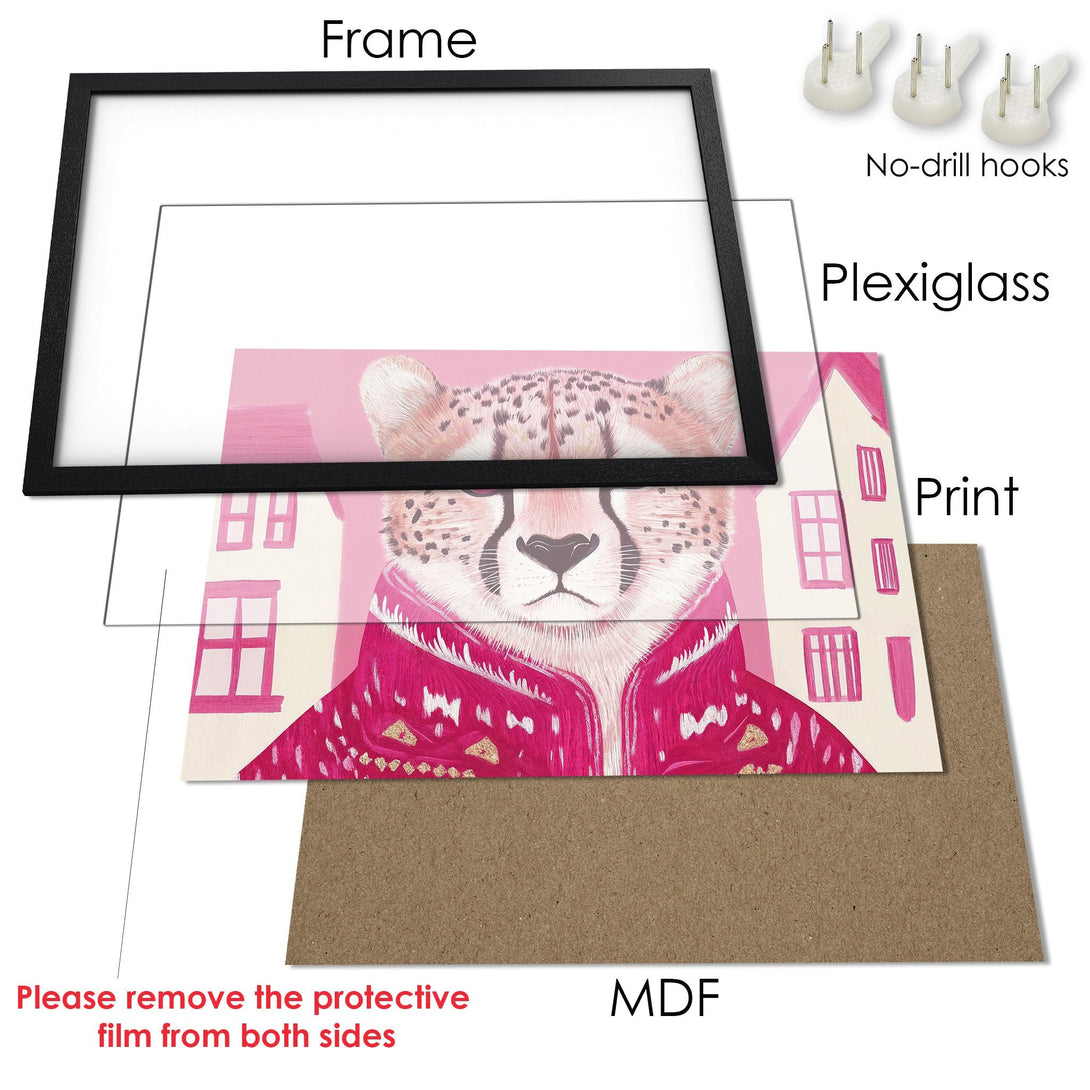 Framed Poster featuring a cheetah in a stylish, pink art print. Modern wall art with a vibrant color palette.
