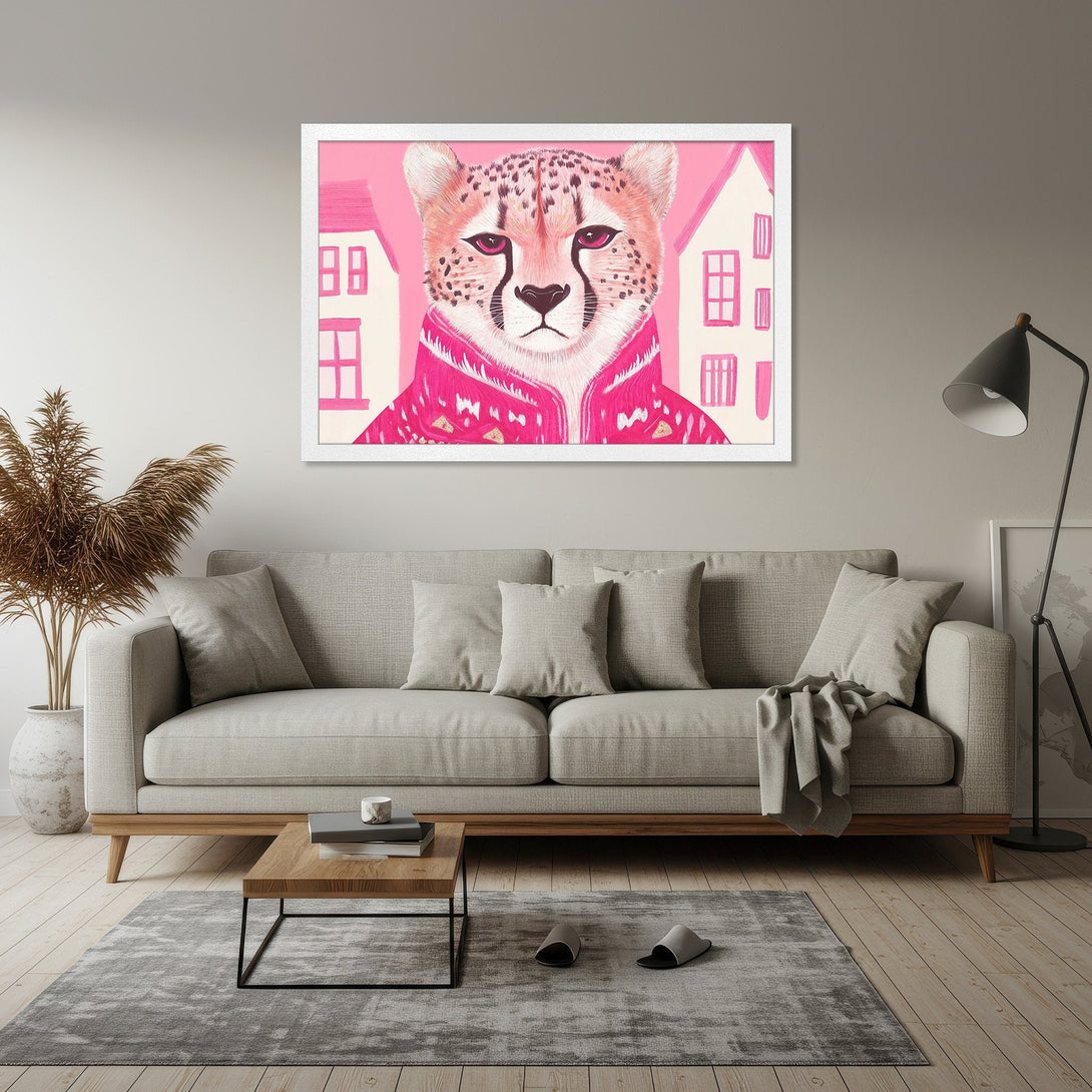 Framed Poster featuring a stylish cheetah in pink tones. Modern art print perfect for adding personality to your home decor.