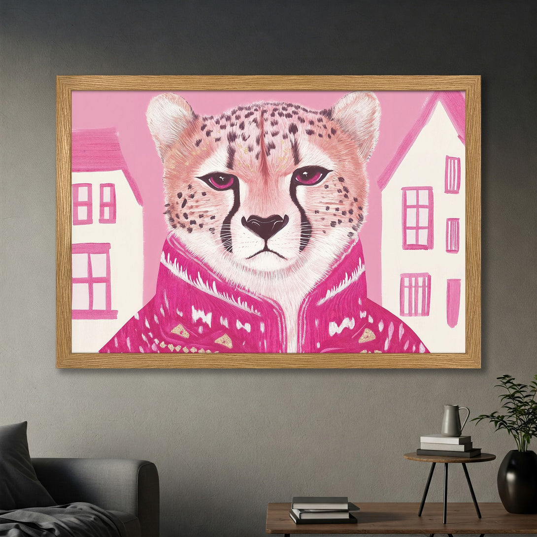Framed Poster featuring a cheetah portrait with pink and white houses, vibrant pink palette, modern art style.