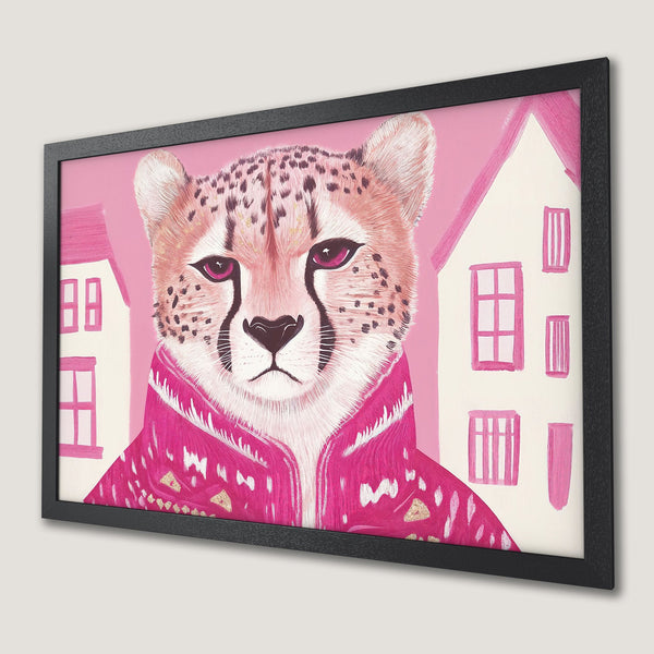 Framed Poster featuring a stylish cheetah in pink hues. Modern art print for home decor.