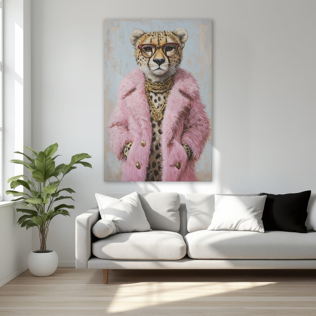 Framed Wall Art: Hipster cheetah portrait in pink fur coat. Adds a touch of glam to any space! Neutral and pink color palette.