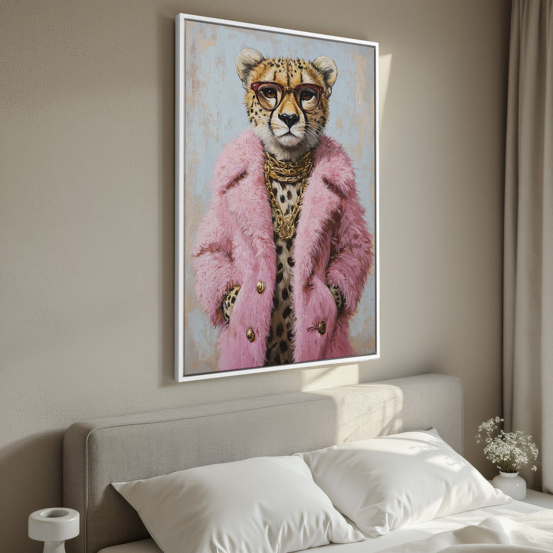 Framed Wall Art: Stylish cheetah portrait in pink & gold. Modern canvas print adds a touch of glam to any room. Perfect for bedroom decor.