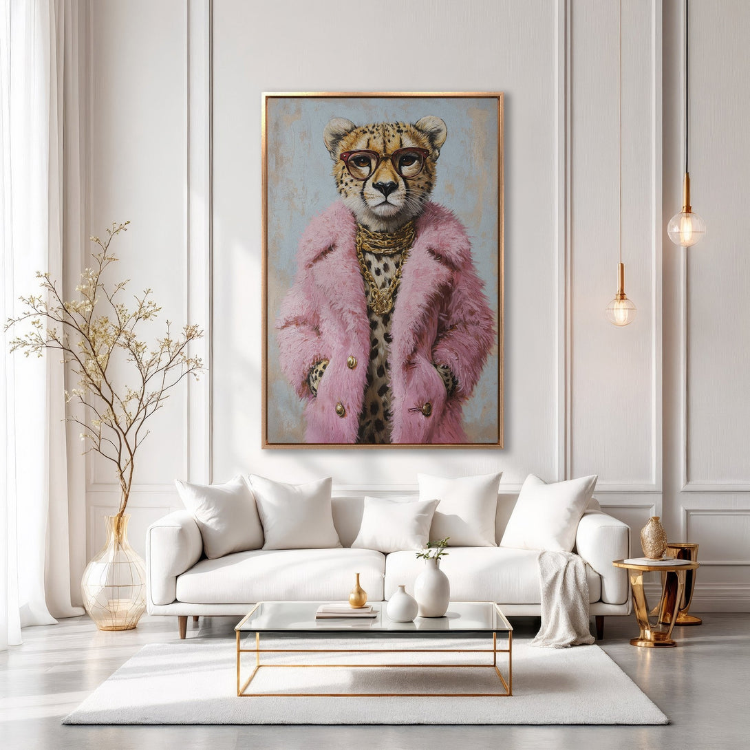 Framed Wall Art: Stylish cheetah portrait in pink fur coat, gold frame. Modern art with a glamorous touch, perfect for a chic living room.