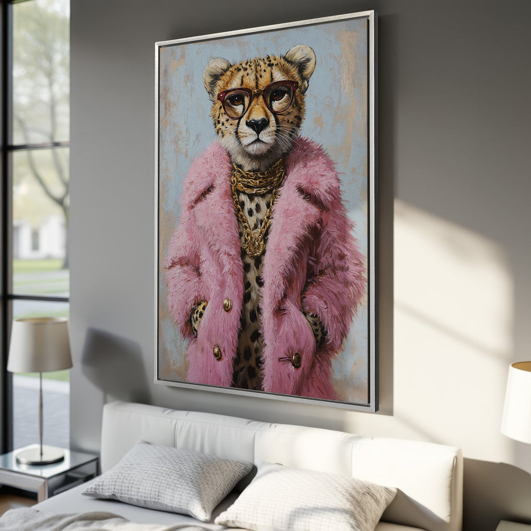 Framed Wall Art: Stylish cheetah in pink fur coat. Modern art with a pop of color. Perfect for a chic bedroom or living room decor.