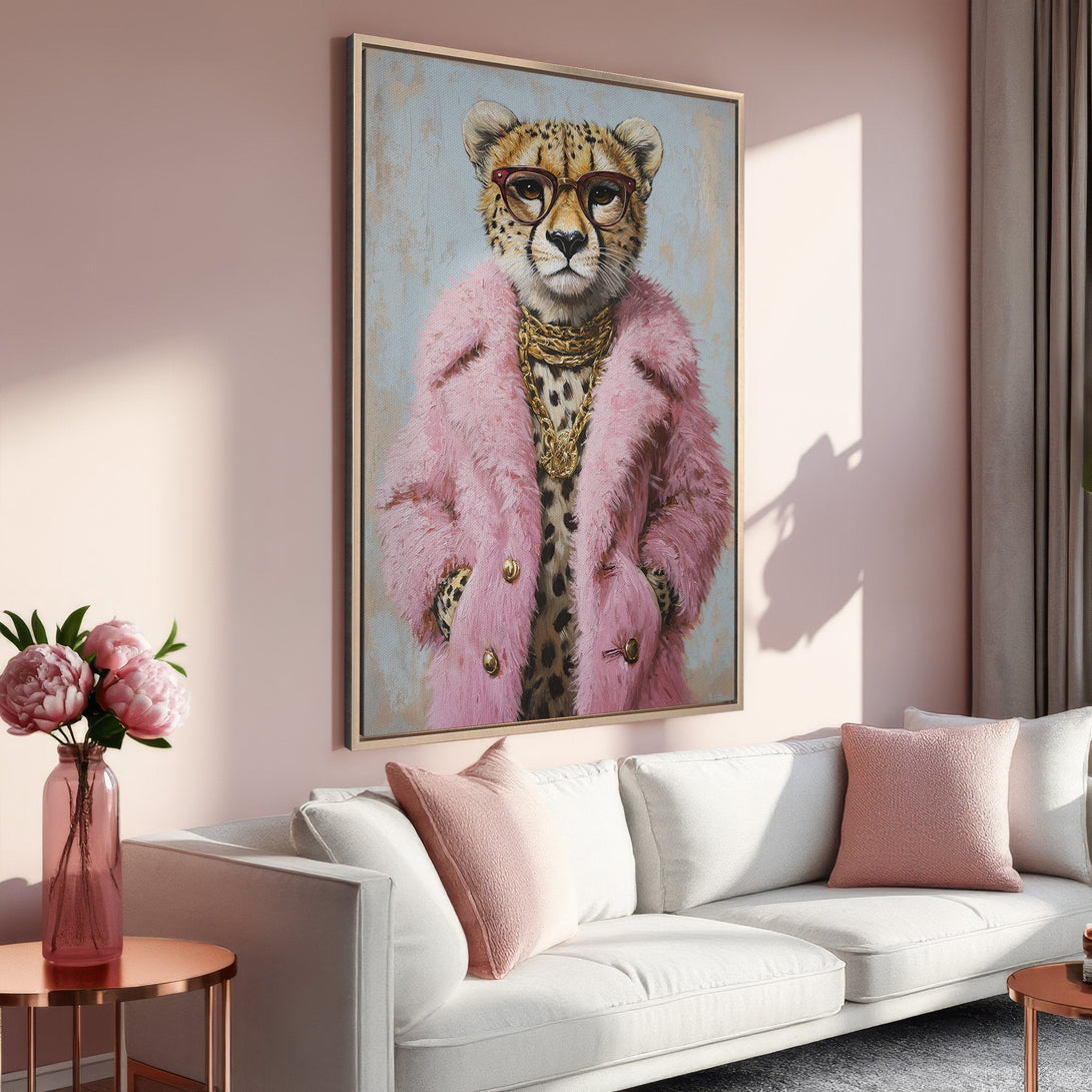 Framed Wall Art: Stylish cheetah portrait in pink fur coat. Modern art with a blush and gold color palette, perfect for chic home decor.