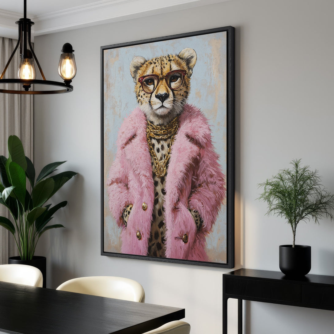 Framed Wall Art: Stylish cheetah portrait in a pink fur coat. Modern art with a playful vibe. Adds a pop of color to any space.