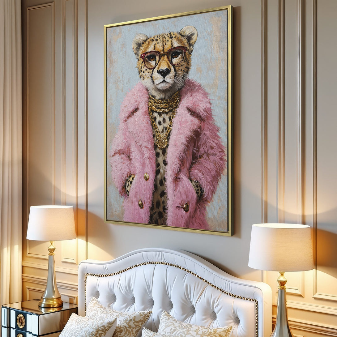 Canvas Print of a cheetah in a pink fur coat, a fun and stylish piece of wall art. Pastel color palette.