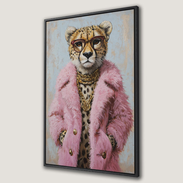 Framed Wall Art featuring a stylish cheetah in a pink fur coat. Modern, pop art style with a pink, gold, and blue color palette. Perfect for adding personality to any room.