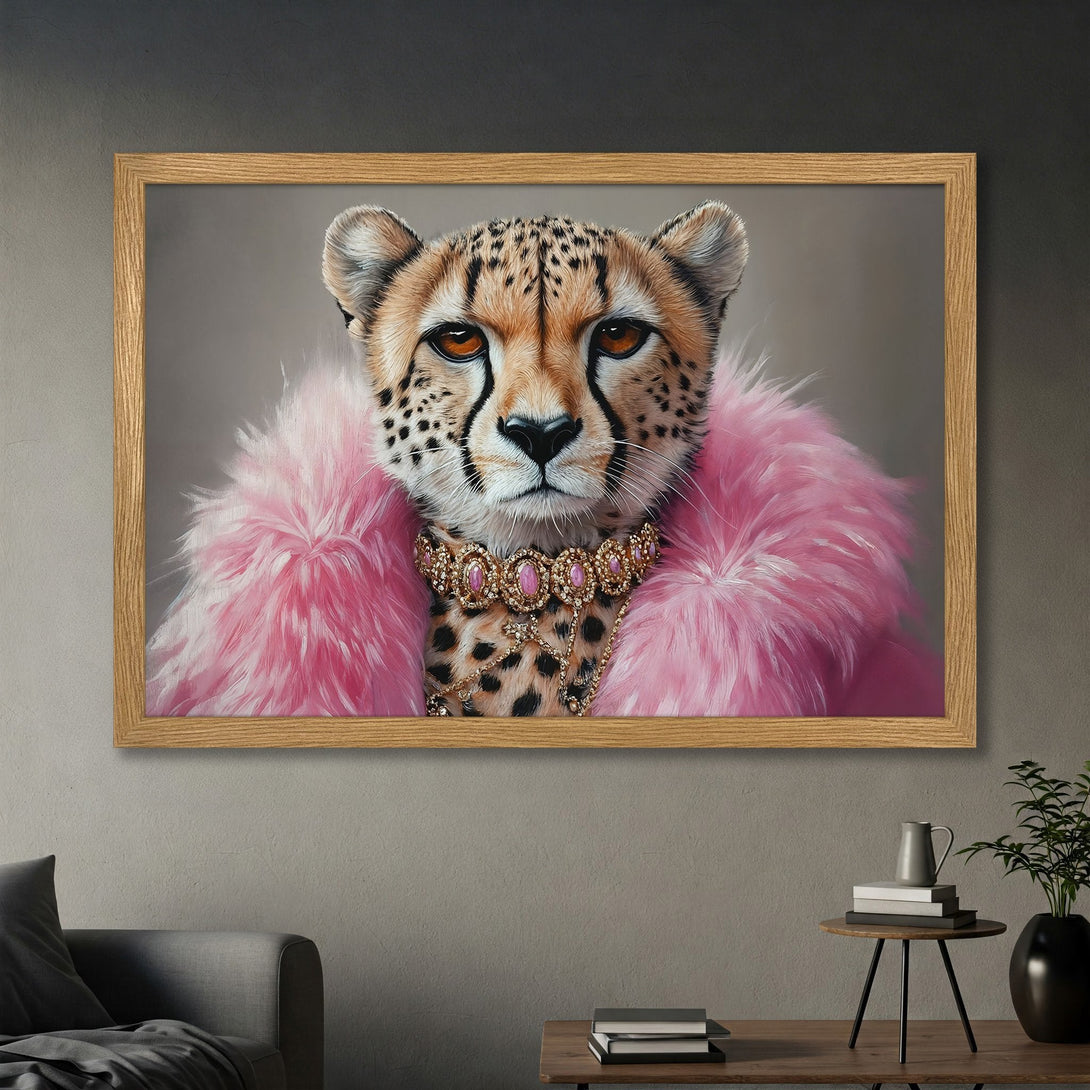 Framed Poster featuring a cheetah in a pink fur coat. Stylish art print with a neutral and pink color palette. Add a touch of luxury to your home!