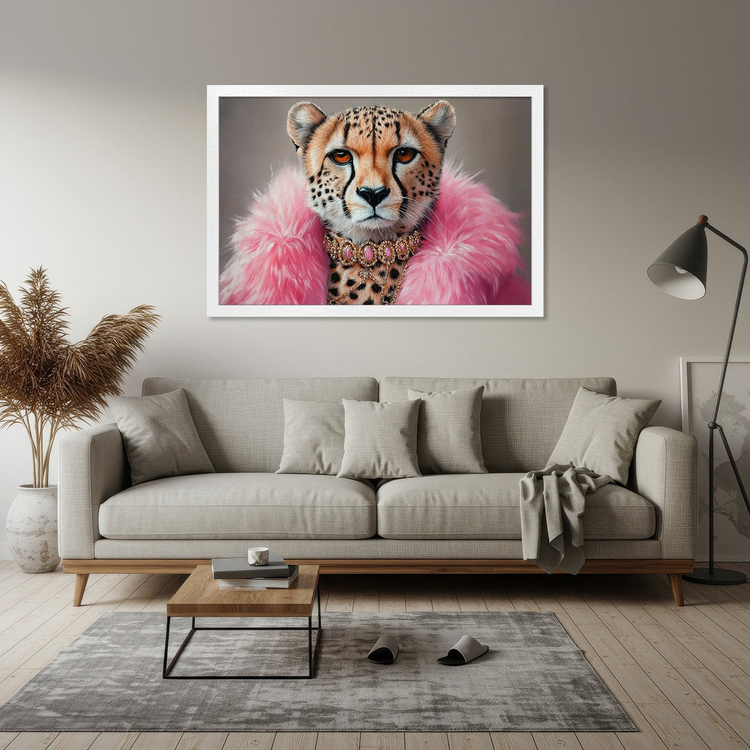 Framed Poster of a cheetah wearing pink fur and jewelry. Modern, pop art style with a neutral and pink color palette. Perfect wall art!
