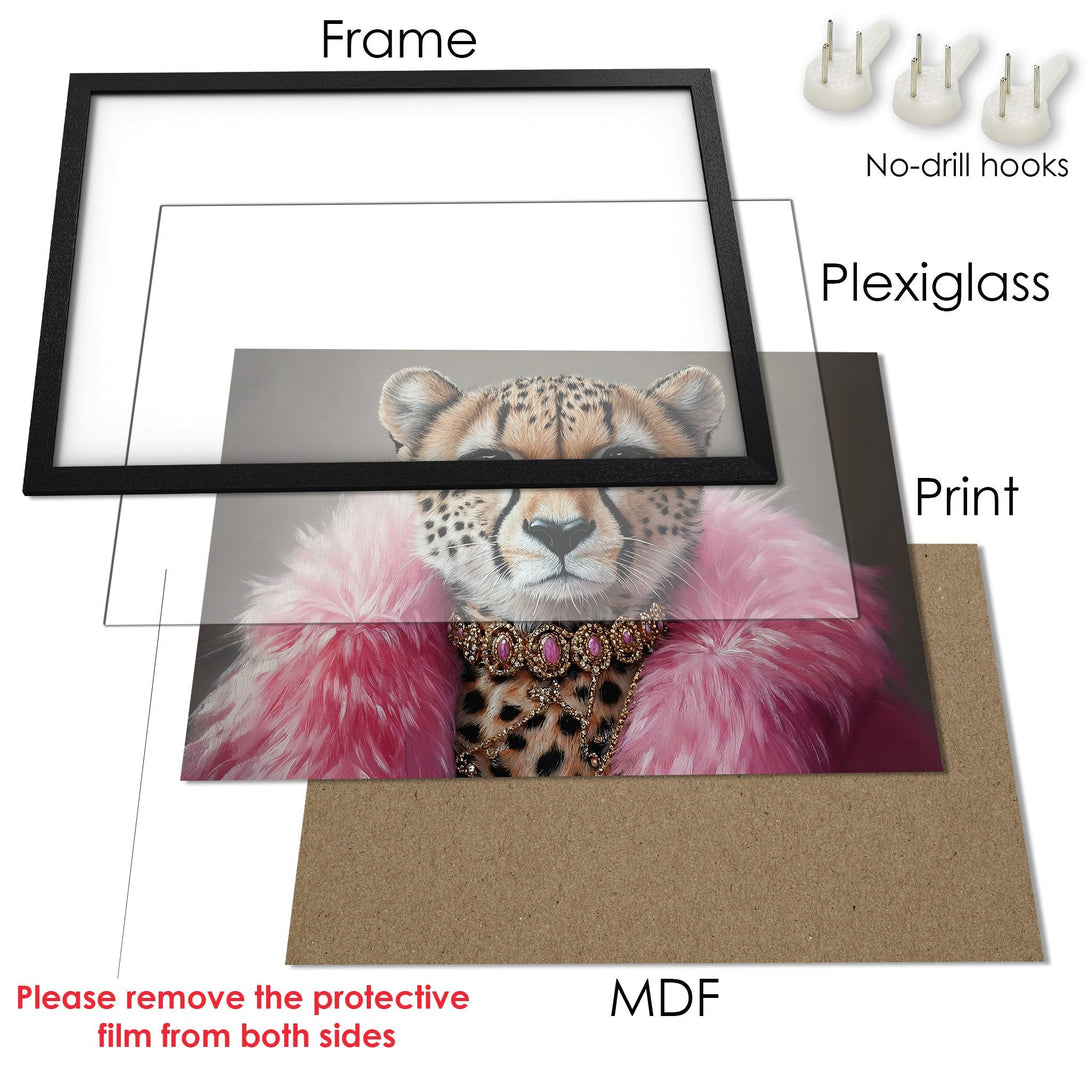 Framed Poster featuring a cheetah in a pink fur coat. Artistic style with a pink, brown, and gold color palette. Perfect wall art!