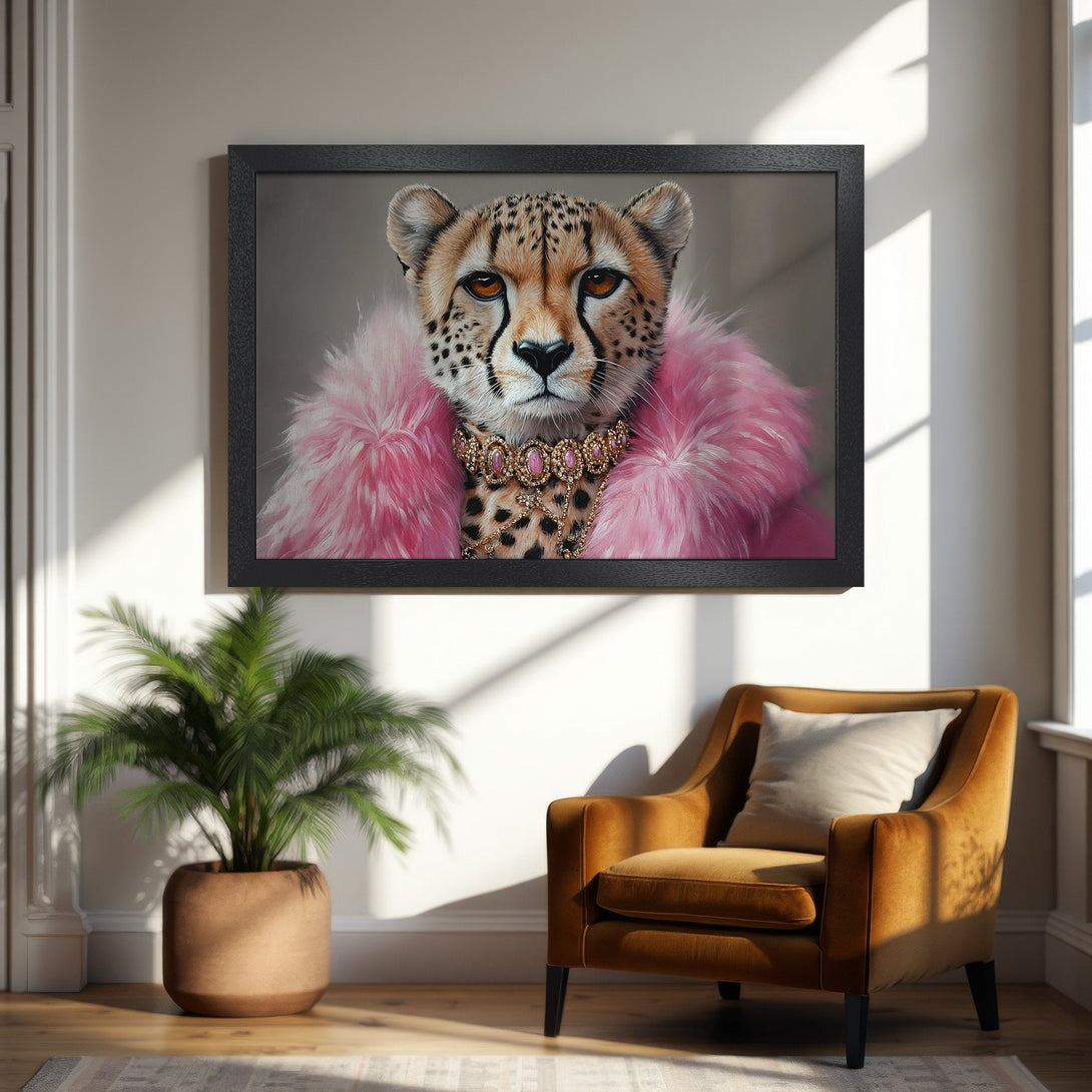 Framed Poster featuring a stylish cheetah in pink. Modern art print with warm, inviting color palette. Perfect wall decor.