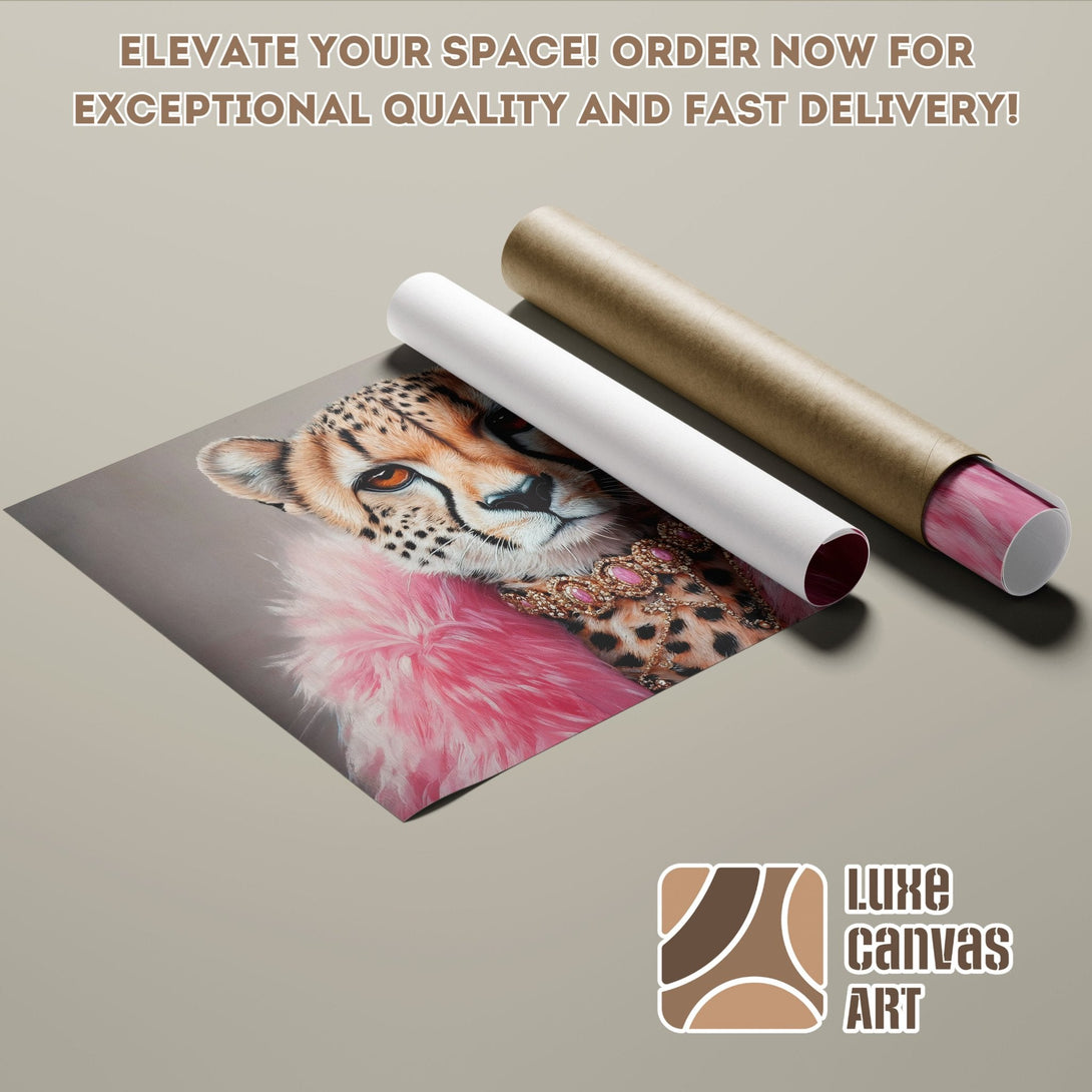Cheetah Poster Roll art. Animal portrait in pink, brown, and neutral tones. Elevate your space with Luxe Canvas Art!