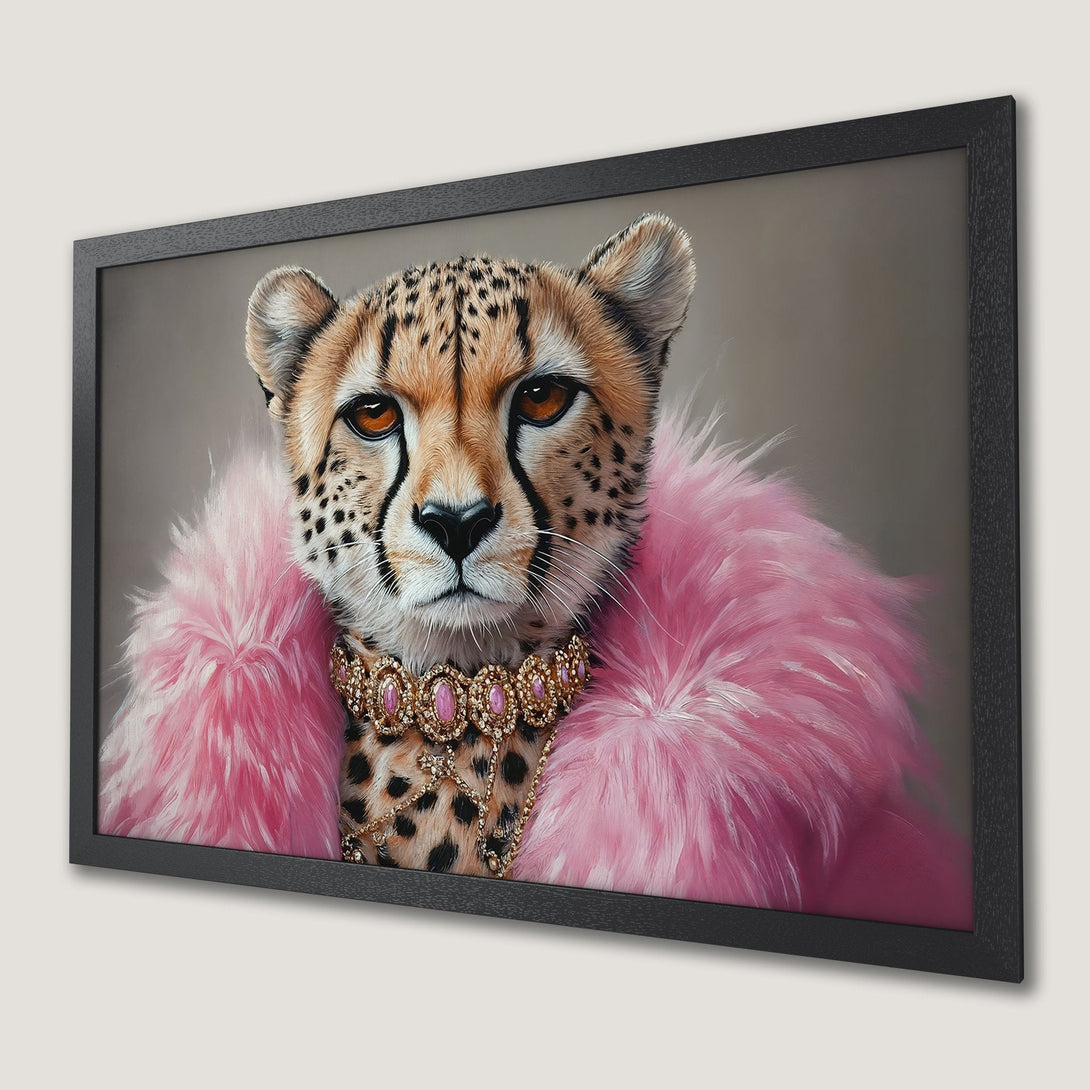 Framed Poster of a cheetah in a pink fur coat. Glamorous style with warm brown and pink color palette.