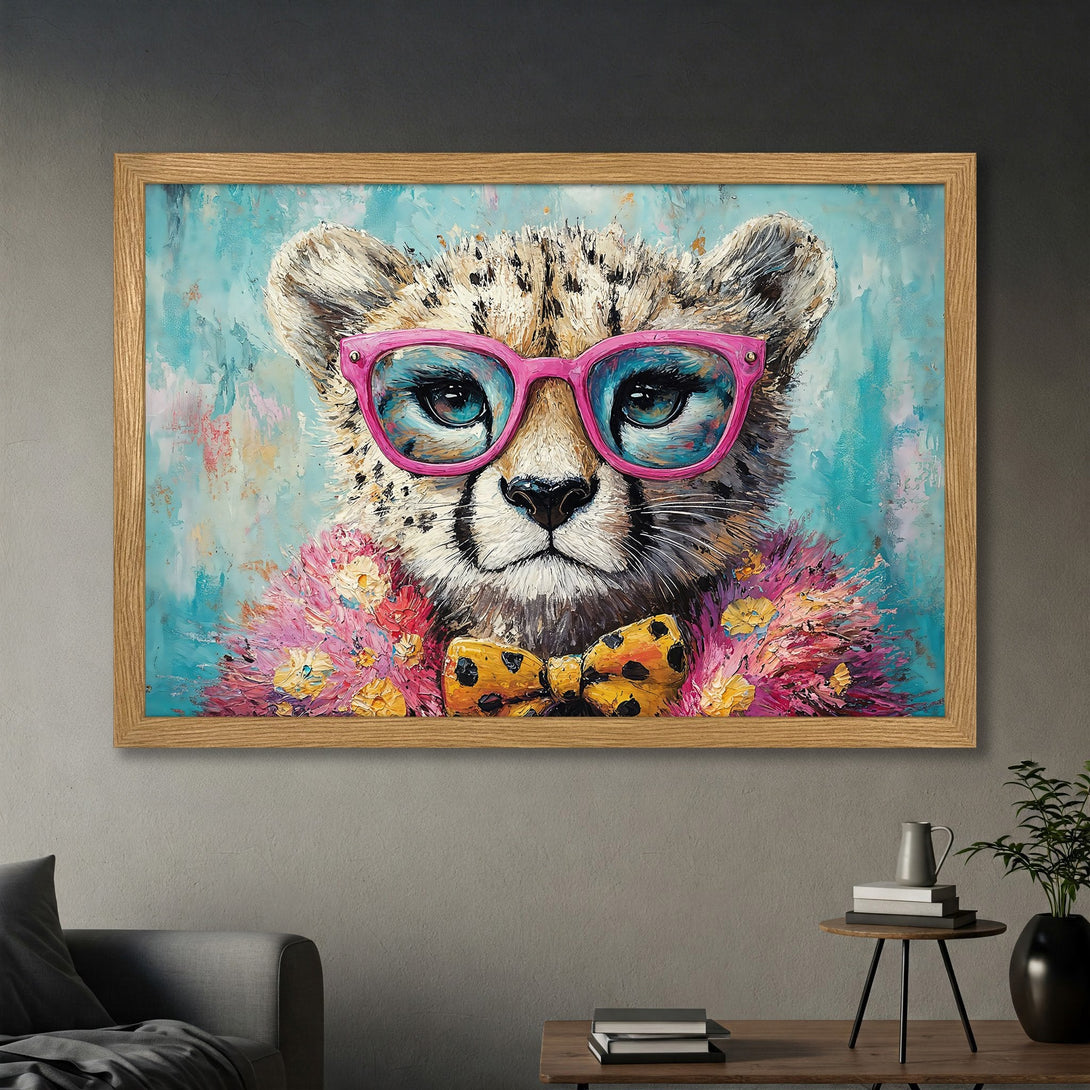 Framed Poster featuring a cheetah in pink glasses, vibrant colors, and an expressive, textured style. Perfect wall art!