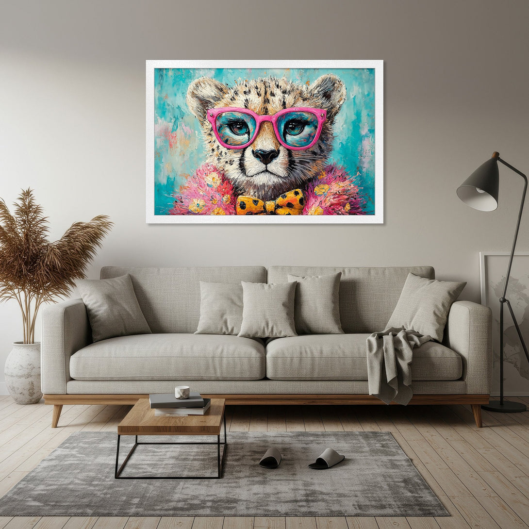 Framed Poster featuring a stylish cheetah in pink glasses, vibrant colors, and a playful art style. Add a touch of fun to your space!