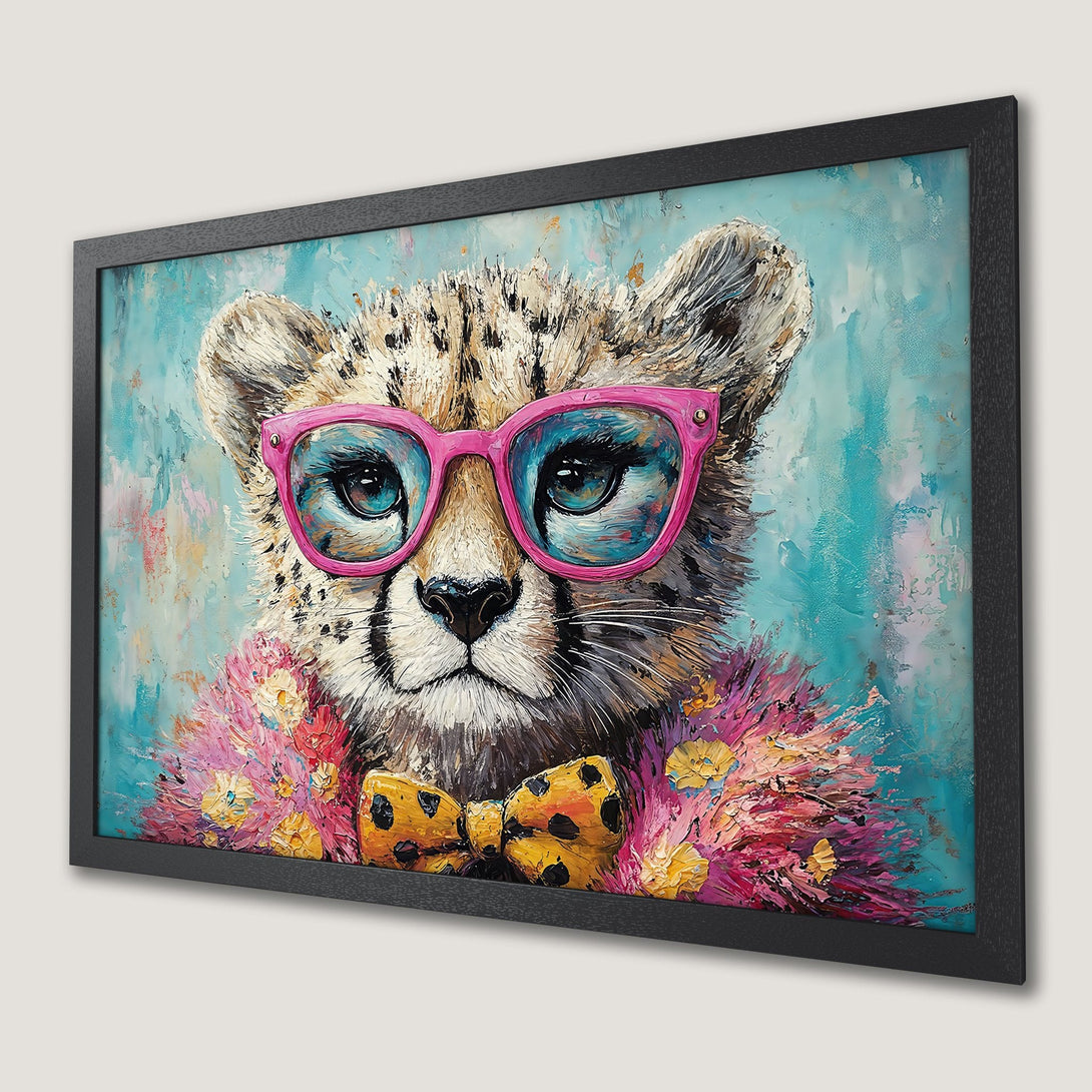 Framed Poster featuring a stylish cheetah with pink glasses, vibrant artwork with a colorful palette. Perfect wall art for your home!