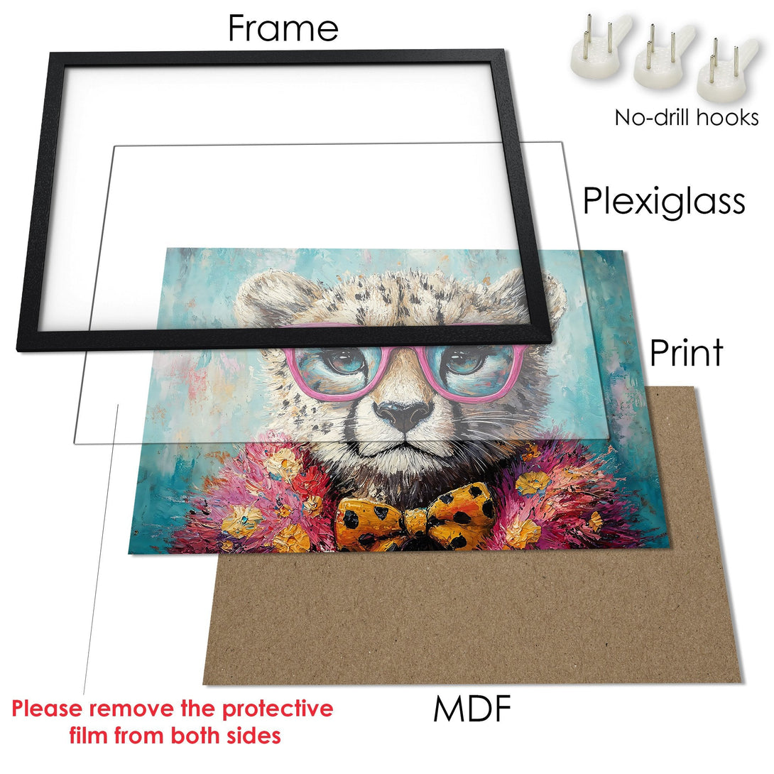 Framed Poster featuring a stylish cheetah with glasses, vibrant colors, and an artistic style. Perfect wall art!