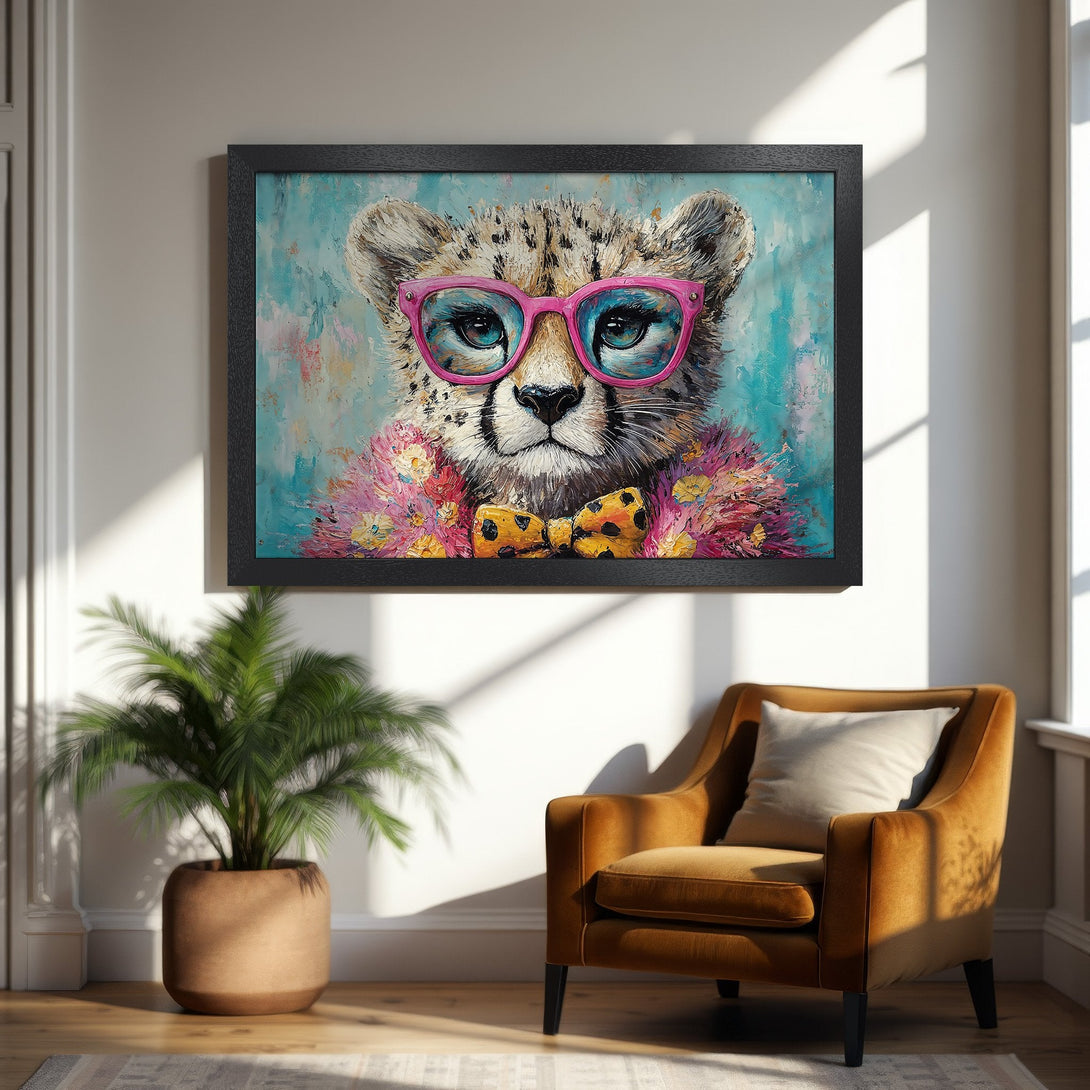 Framed Poster featuring a stylish cheetah in pink glasses, vibrant, colorful, and perfect for adding personality to your space.