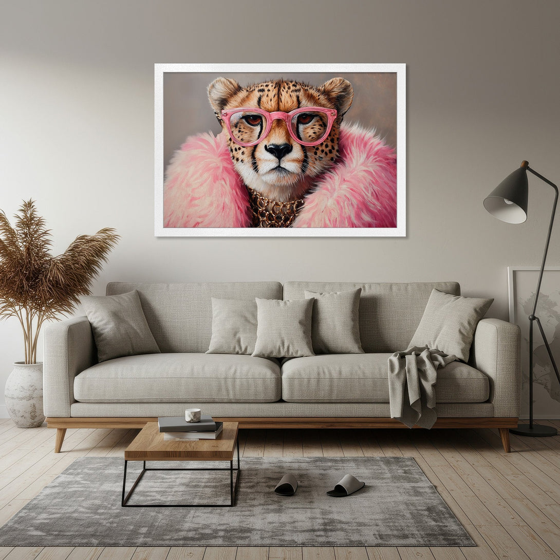 Framed Poster of a cheetah wearing pink glasses and fur. Modern art, neutral tones with pops of pink. Perfect wall decor.