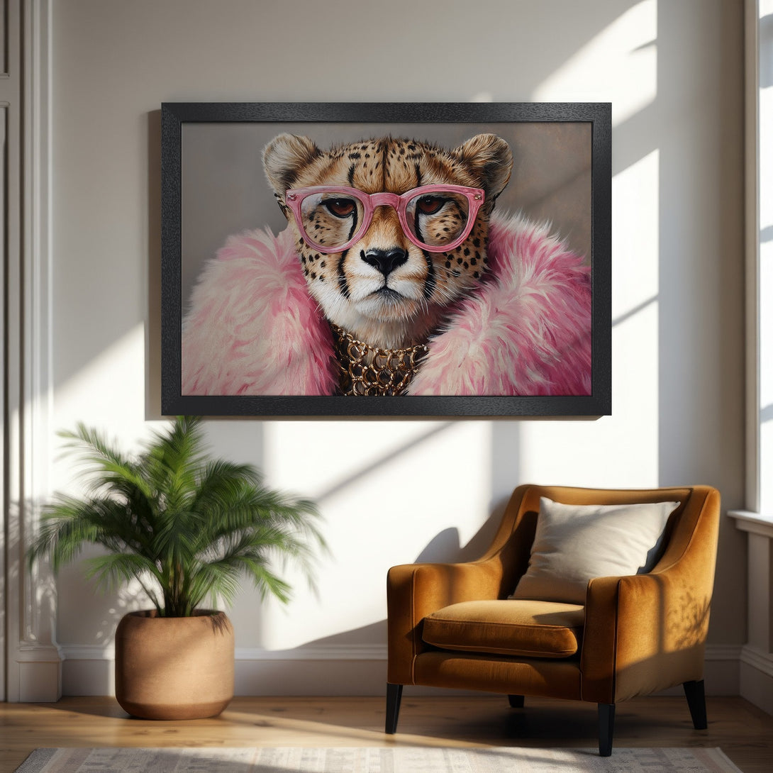 Framed Poster of a cheetah wearing pink glasses & fur, modern art style, pink & gold color palette, perfect wall decor.