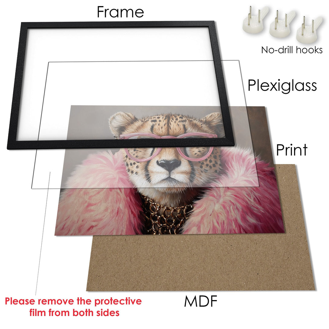 Framed Poster of a stylish cheetah in a pink fur coat and glasses. Modern art with a pink and neutral color palette.