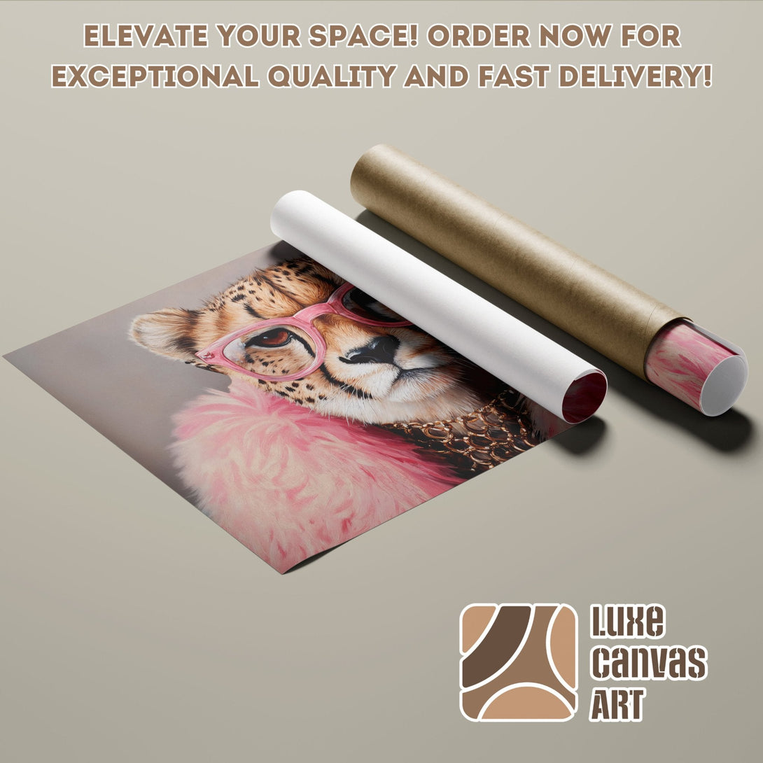 Cheetah Poster Roll art print, pink and gold, modern style, neutral color palette. Shop now!