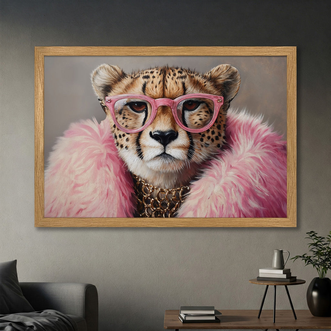 Framed Poster featuring a stylish cheetah in pink glasses and fur, a fun and fashionable art piece. Neutral tones with pops of pink.