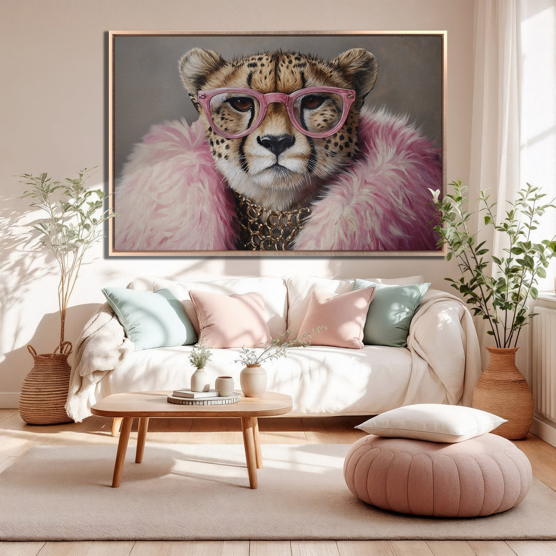 Framed Wall Art: Stylish cheetah portrait in pink and gold, adding a touch of chic to any living room. Modern decor in a soft, neutral color palette.