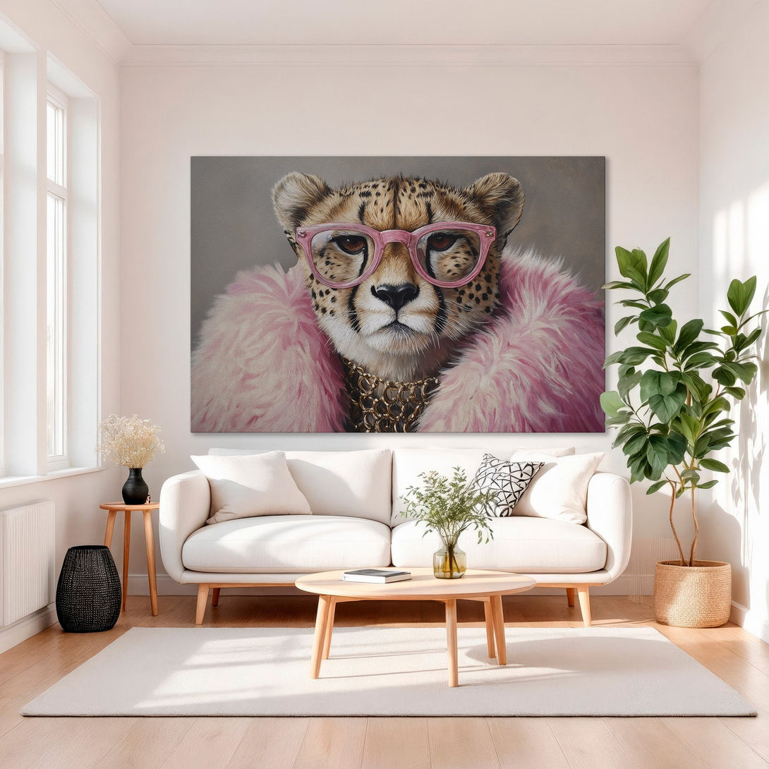 Framed Wall Art: Stylish cheetah portrait in pink and gold. Modern canvas print adds a touch of glamour to any room. Shop now!