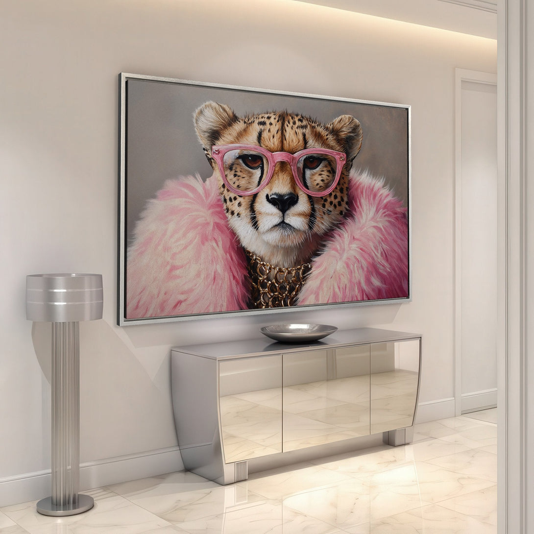 Framed Wall Art: Glamorous cheetah portrait in pink and gold. Modern canvas print adds a touch of luxury to any interior. Shop now!