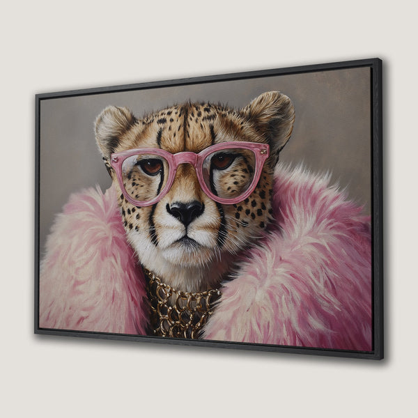 Framed Wall Art of a cheetah wearing pink glasses and fur, a stylish and quirky portrait with a pink and neutral color palette.