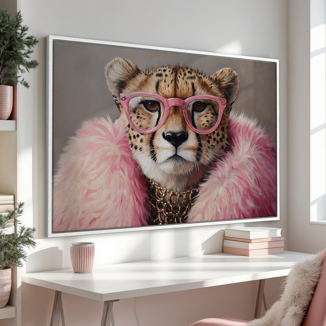 Framed Wall Art: Glamorous cheetah portrait with pink glasses and fur, a stylish statement piece. Neutral and pink color palette, perfect for modern decor.