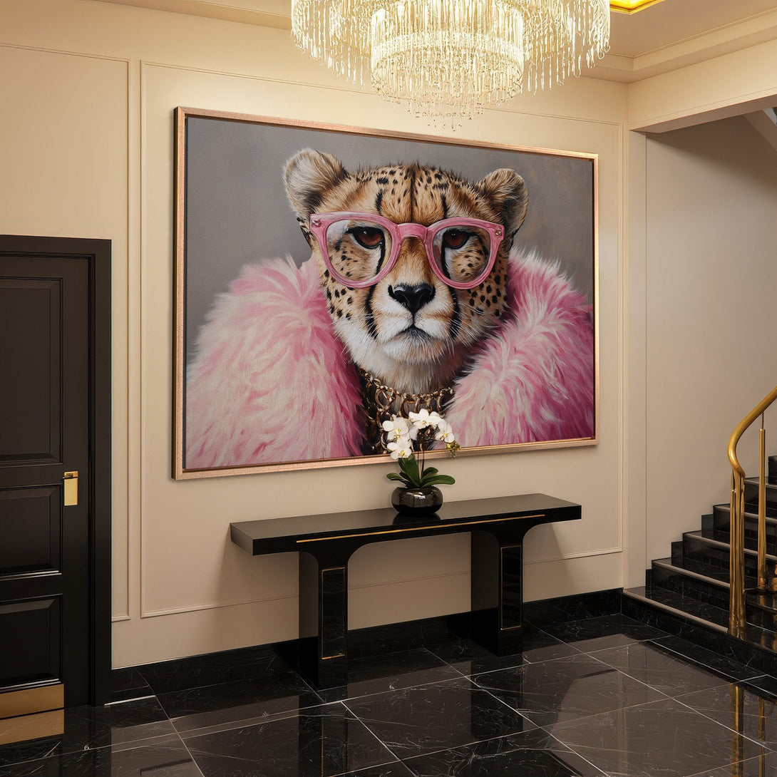 Framed Wall Art: Chic cheetah portrait in pink & gold. Modern Canvas Print adds a touch of luxury to any interior. Shop now!