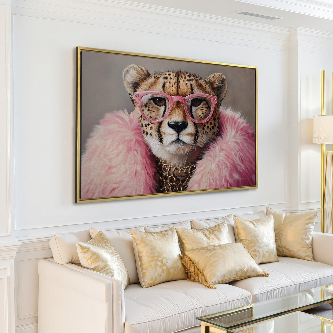 Canvas Print of a stylish cheetah wearing pink glasses and fur. Modern art with a pink, neutral, and gold color palette. Perfect for home decor.