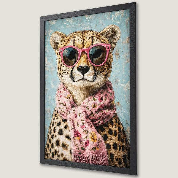 Framed Poster featuring a stylish cheetah wearing sunglasses and a pink scarf. Whimsical art with a blue, pink, and brown color palette. Perfect wall decor!