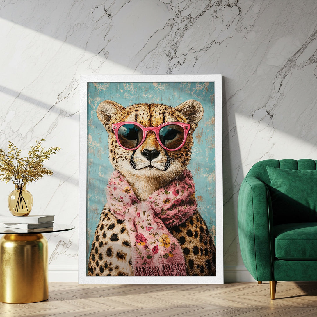 Framed Poster featuring a stylish cheetah wearing sunglasses and a pink scarf. Whimsical art with a teal, pink, and brown color palette.
