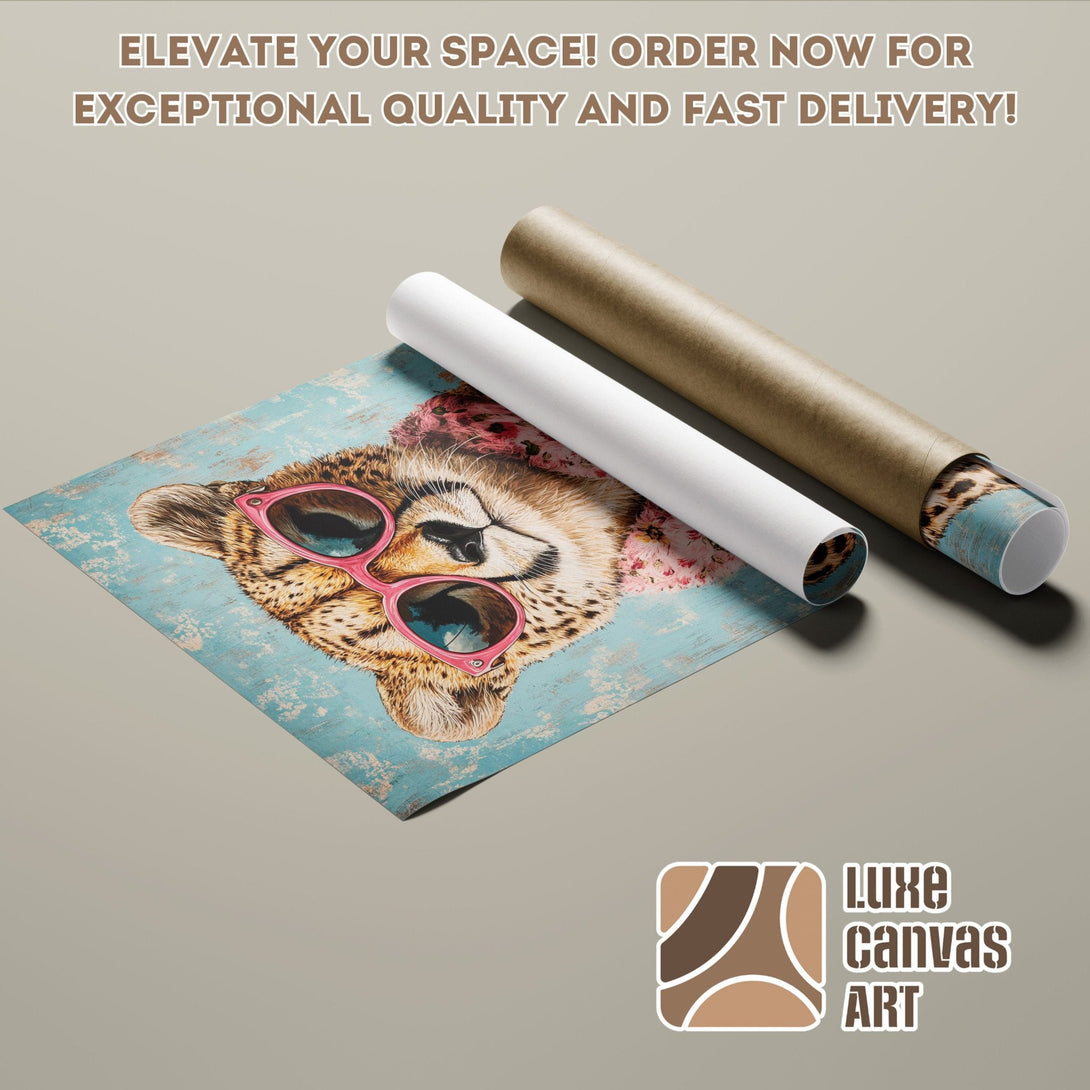 Cheetah Poster Roll art in a vintage style with blue, pink, and brown tones. Elevate your space with this unique wall art!