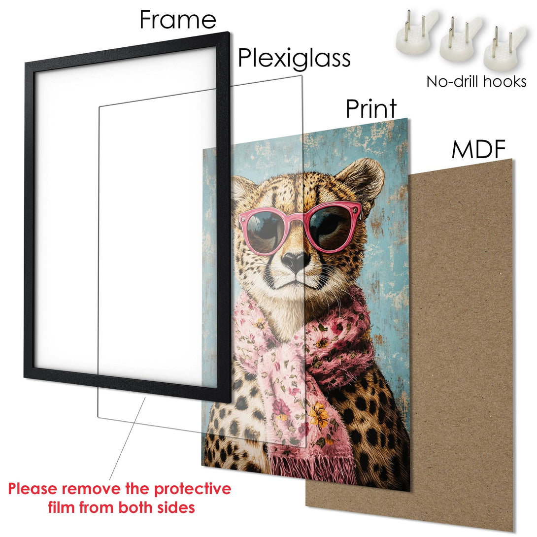 Framed Poster featuring a stylish cheetah in sunglasses and scarf, with a blue, pink, and brown color palette. Perfect wall art!