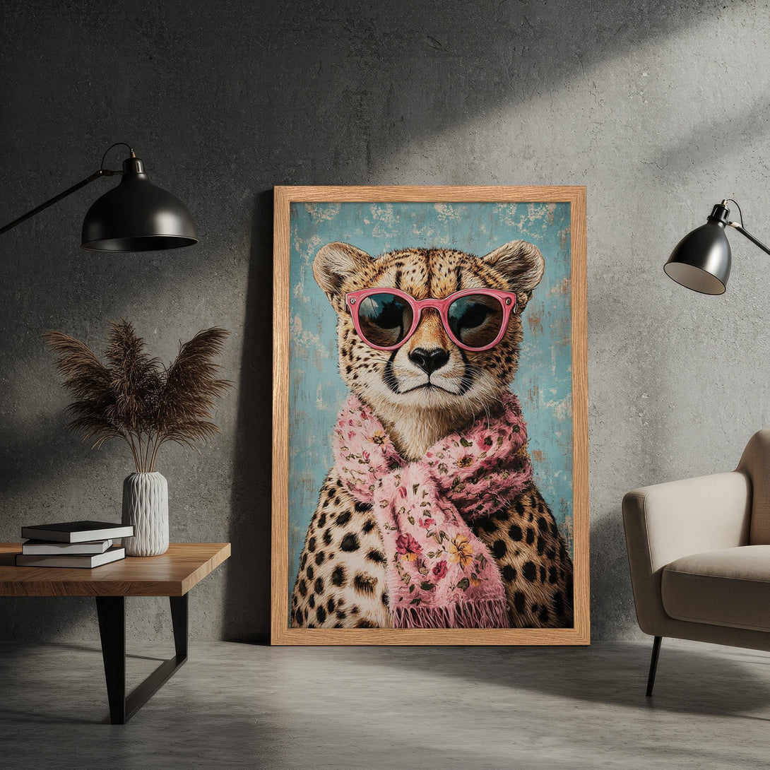 Framed Poster featuring a stylish cheetah wearing sunglasses and a pink scarf. Modern art with a teal, pink, and brown color palette.