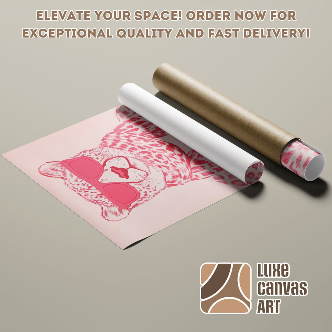 Poster Roll featuring a pink leopard with sunglasses, in a minimalist style. Soft pink and neutral color palette.