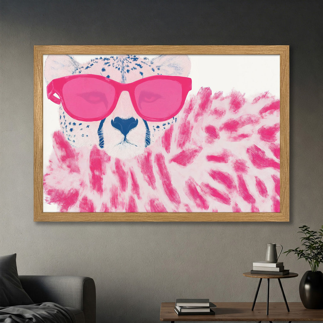 Framed Poster featuring a cool cheetah with pink sunglasses. Pop art style with a vibrant pink and blue color palette, perfect wall art.