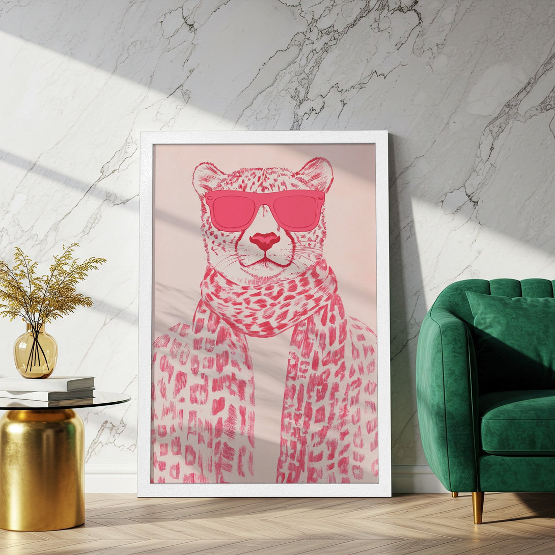 Framed Poster featuring a stylish cheetah with sunglasses in a pink and white palette. Perfect wall art for a modern home.